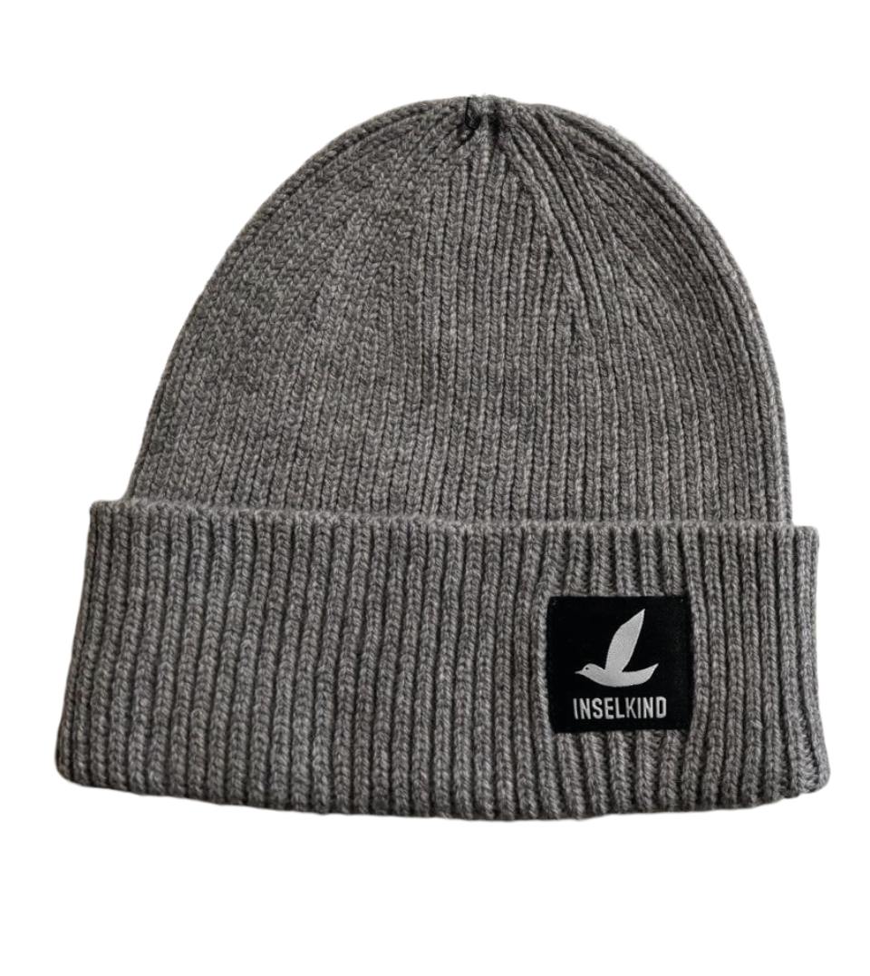 Inselkind Unisex Beanie aus Wolle Logo / Grey Melange