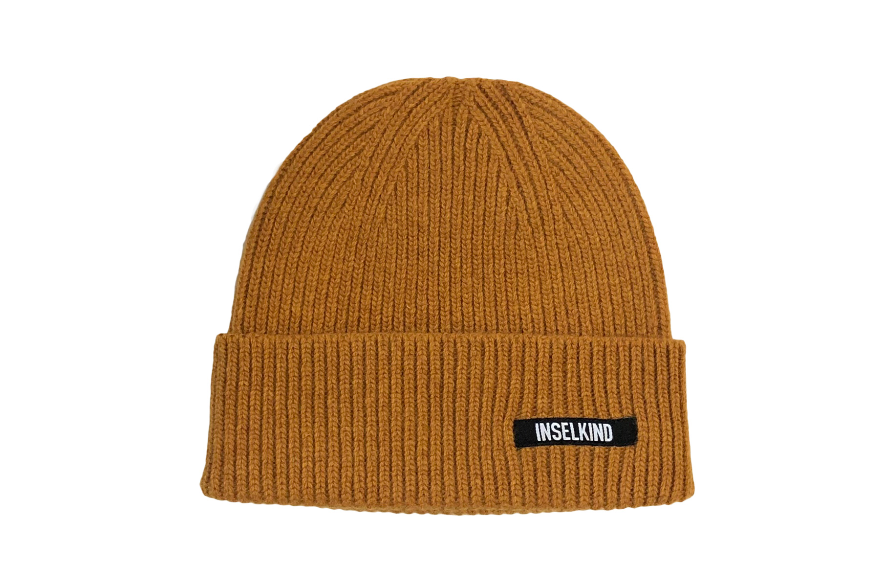 Inselkind-Beanie-Wolle-Schrift-curry Inselkind Unisex Beanie aus Wolle Schriftzug / curry