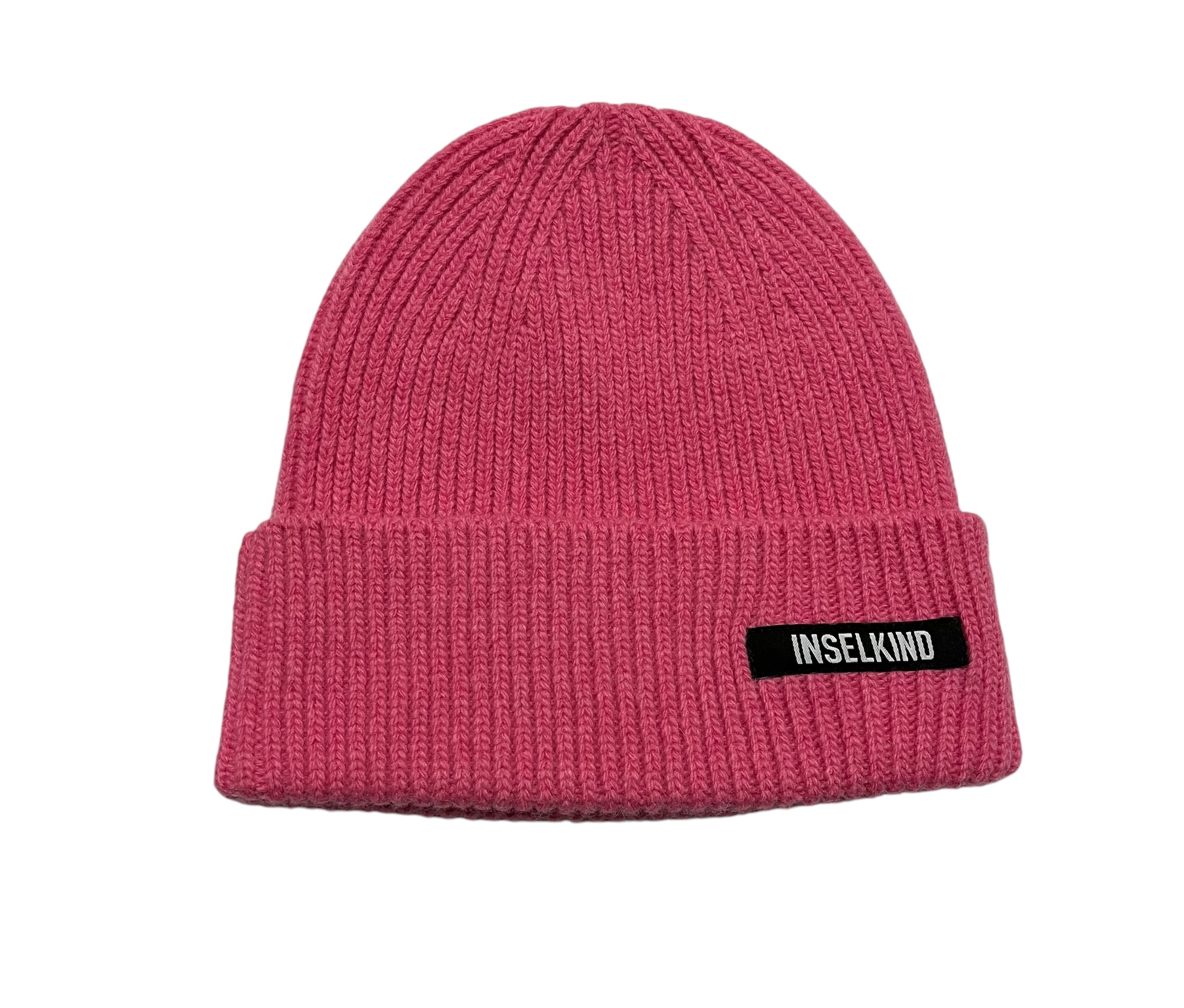 Inselkind Unisex Beanie aus Wolle Schriftzug / pink