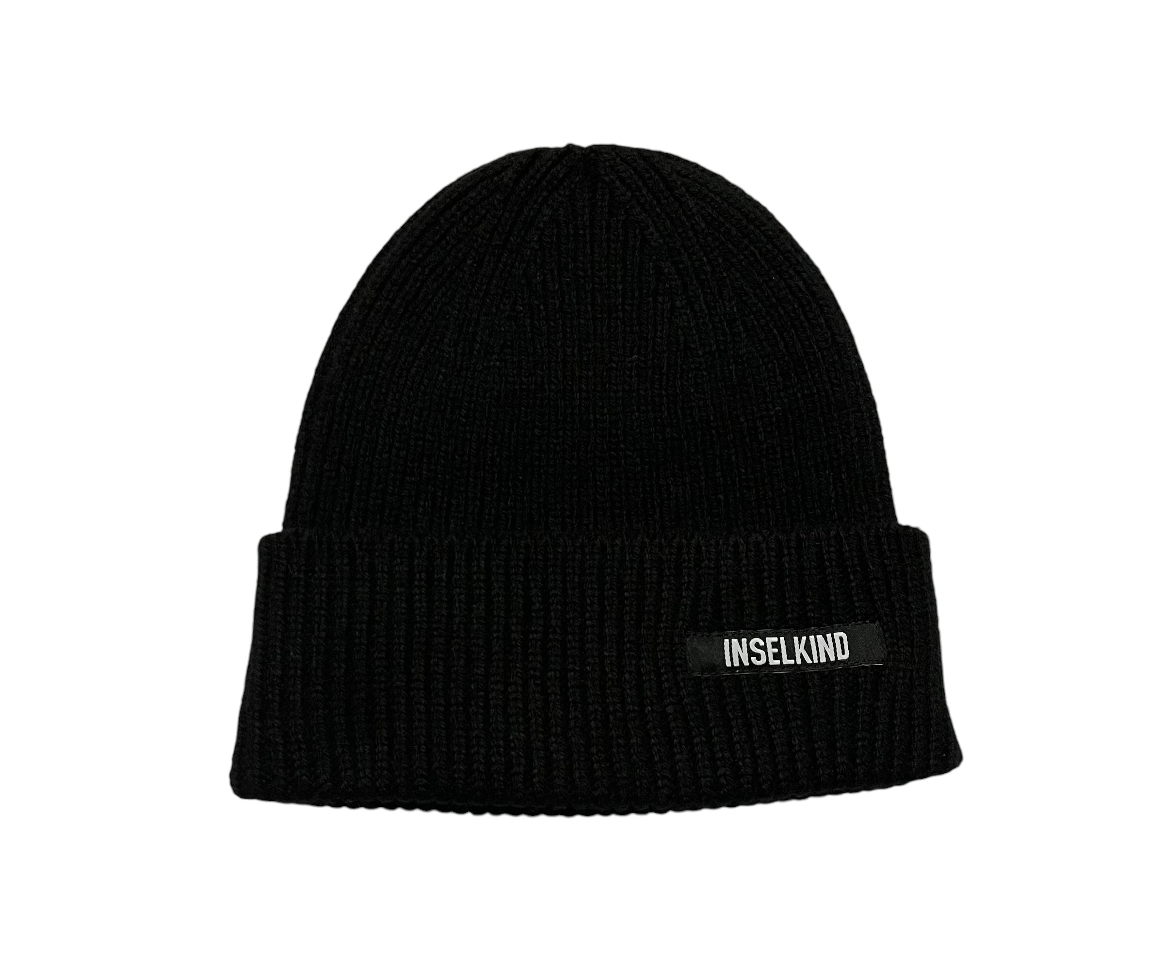 Inselkind Unisex Beanie aus Wolle Schriftzug / Black