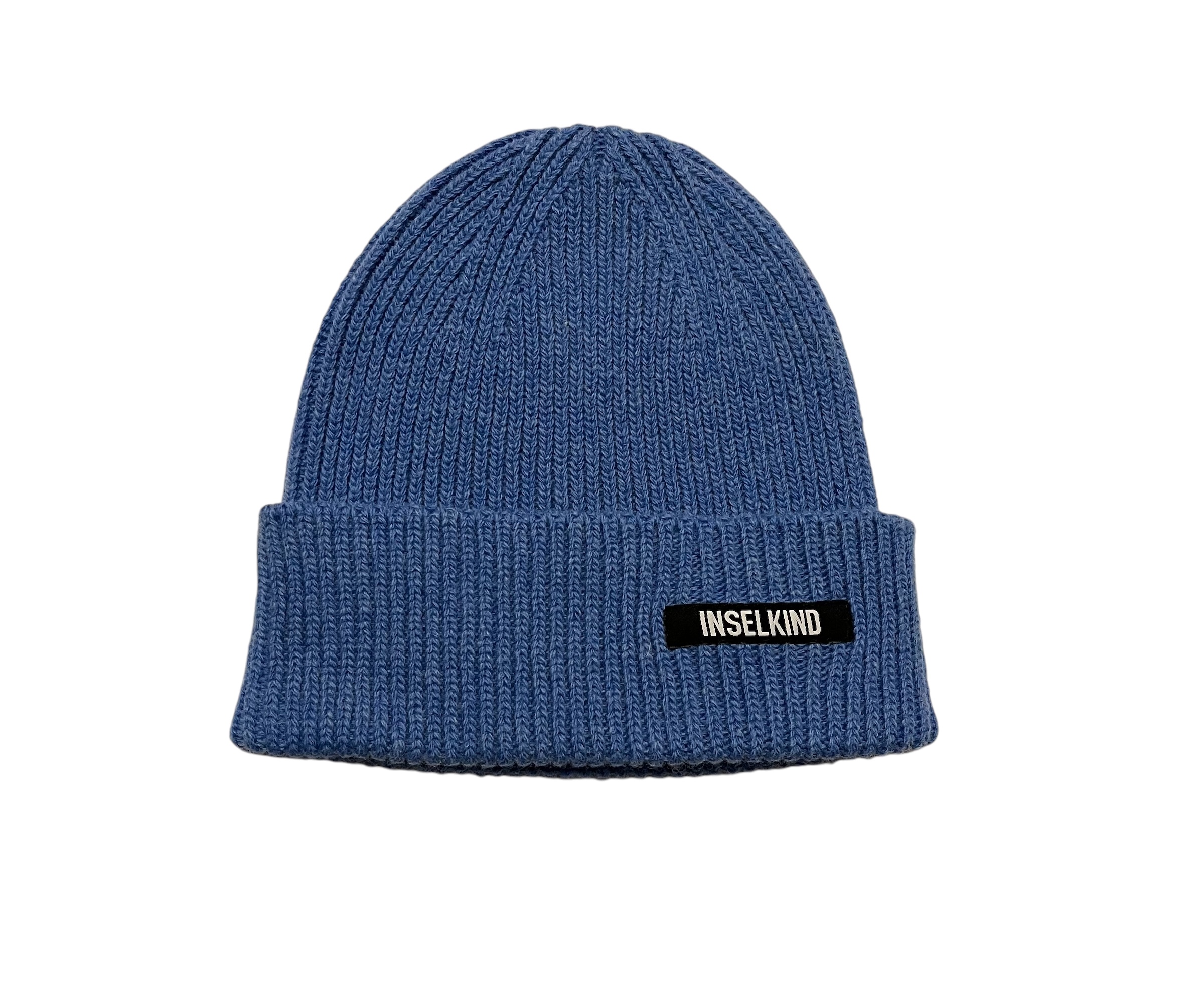 Inselkind Unisex Beanie aus Wolle Schriftzug / Royal