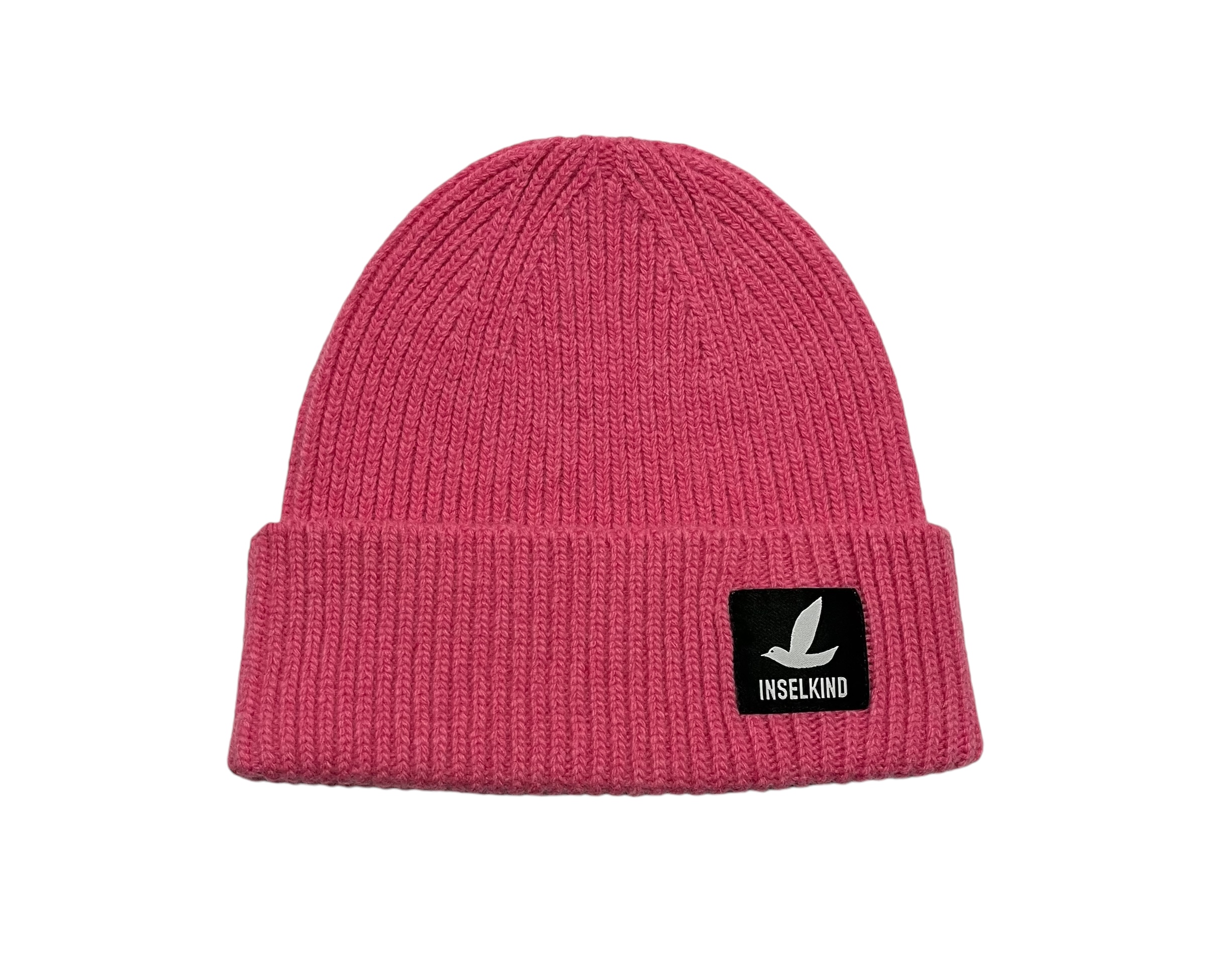 Inselkind Unisex Beanie aus Wolle Schriftzug / Pink