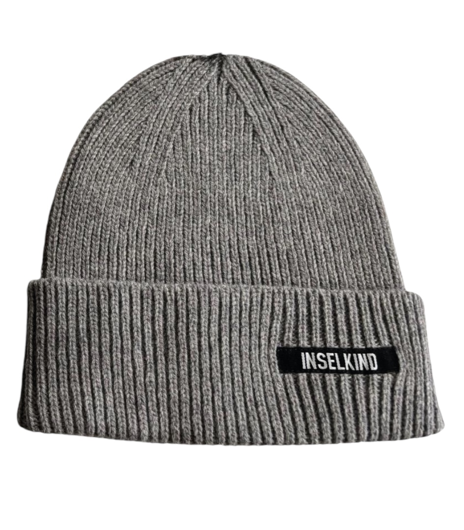 Inselkind Unisex Beanie aus Wolle Schriftzug / Grey Melange