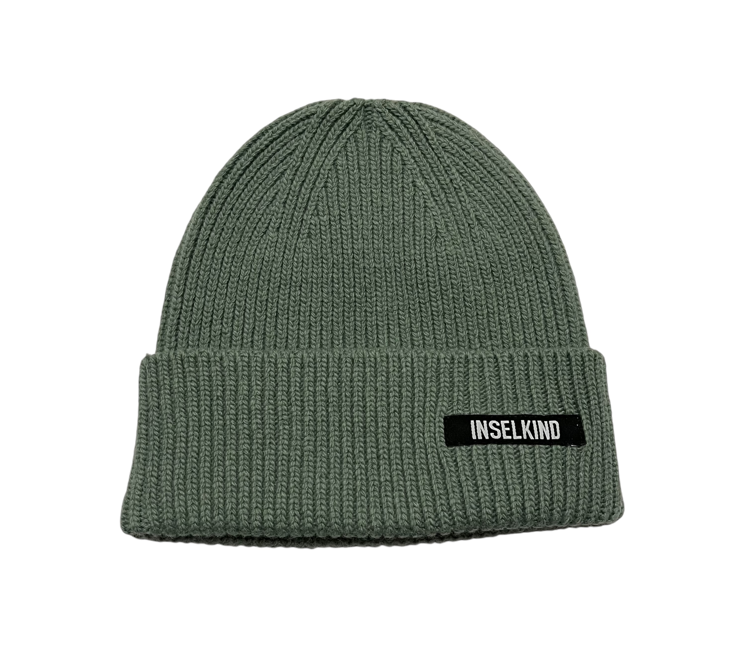 Inselkind Unisex Beanie aus Wolle Schriftzug / Green